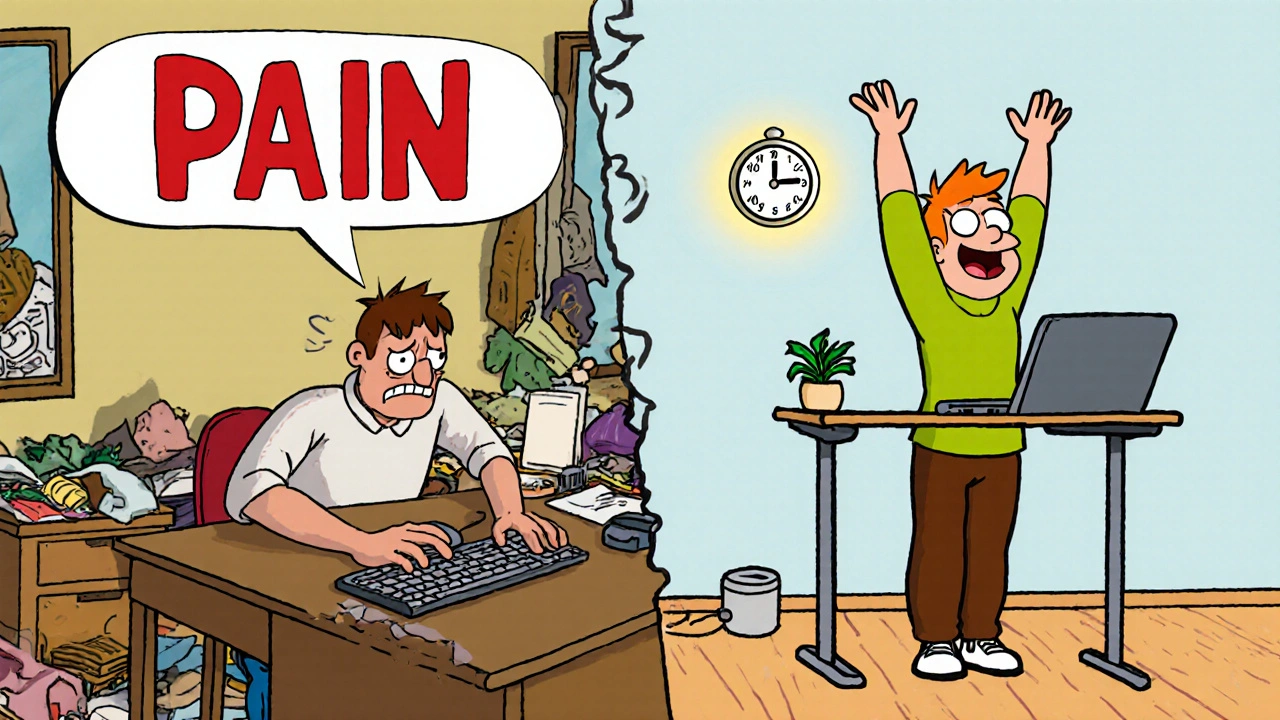 Before-and-after cartoon: messy slouched desk vs. tidy ergonomic setup with stretching figure.
