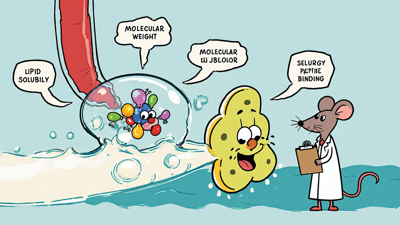 Cartoon drug molecule moving from blood to breast milk with educational icons floating around