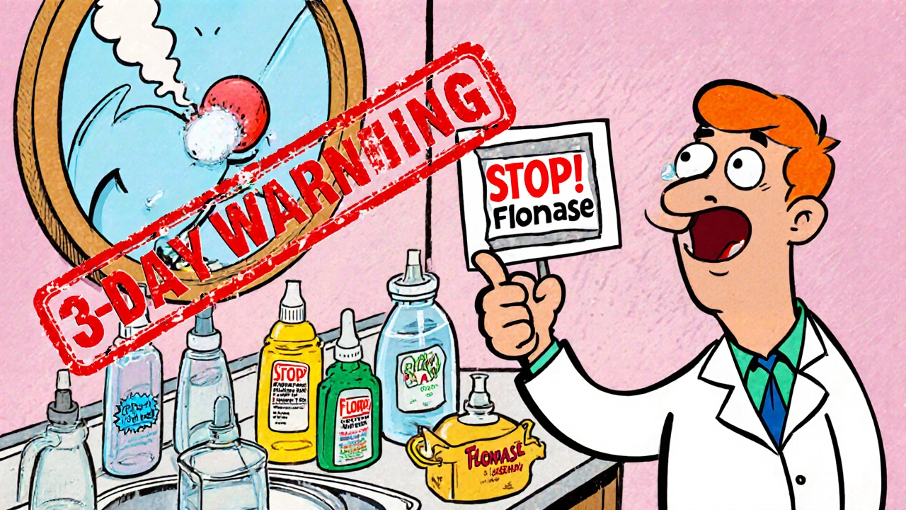 Cluttered bathroom counter with expired nasal sprays and a doctor pointing to safe alternatives like saline and steroid sprays.