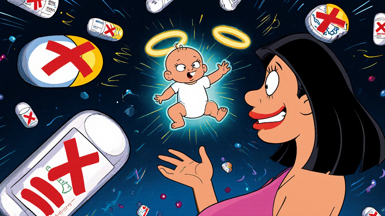 Dangerous IBD meds with X marks, safe meds glowing beside baby