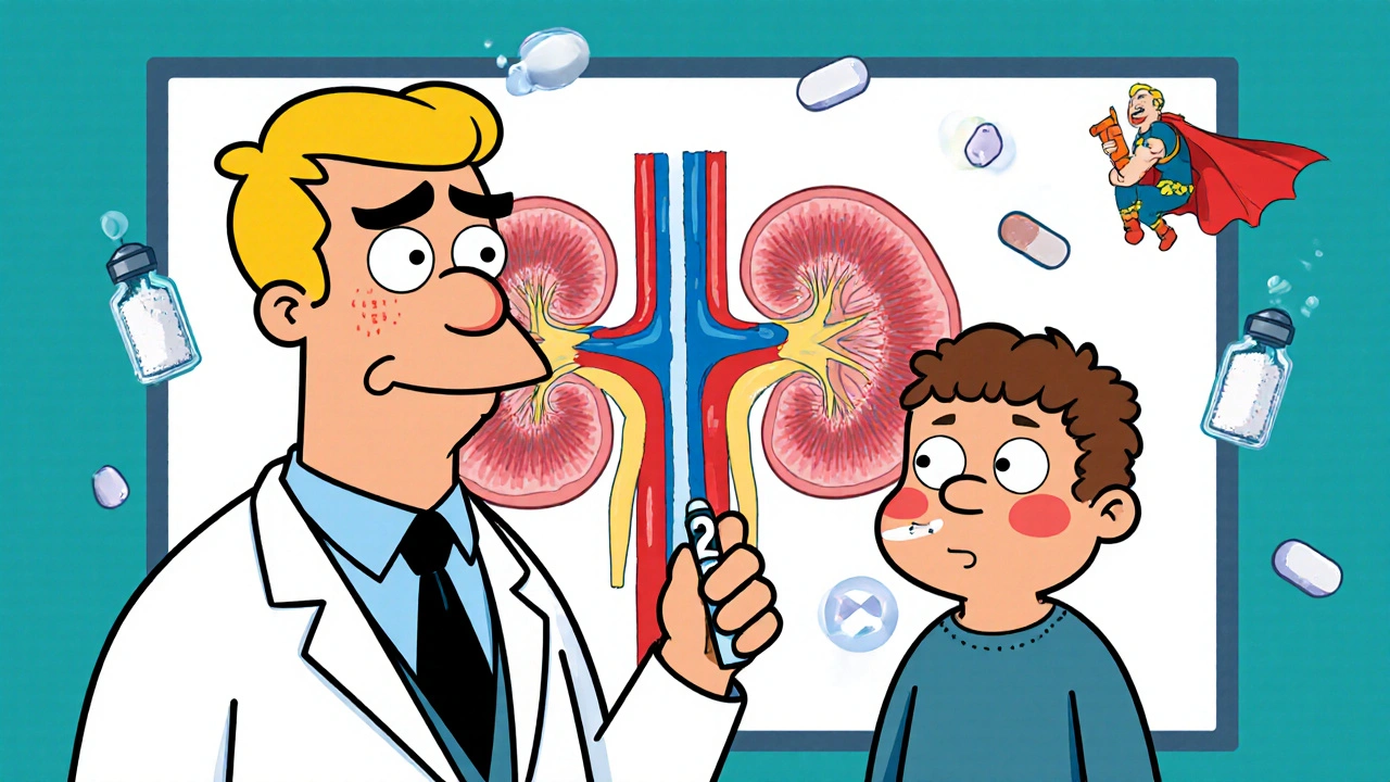 Doctor checking urine dipstick beside puffy child with healthy vs damaged kidney split screen