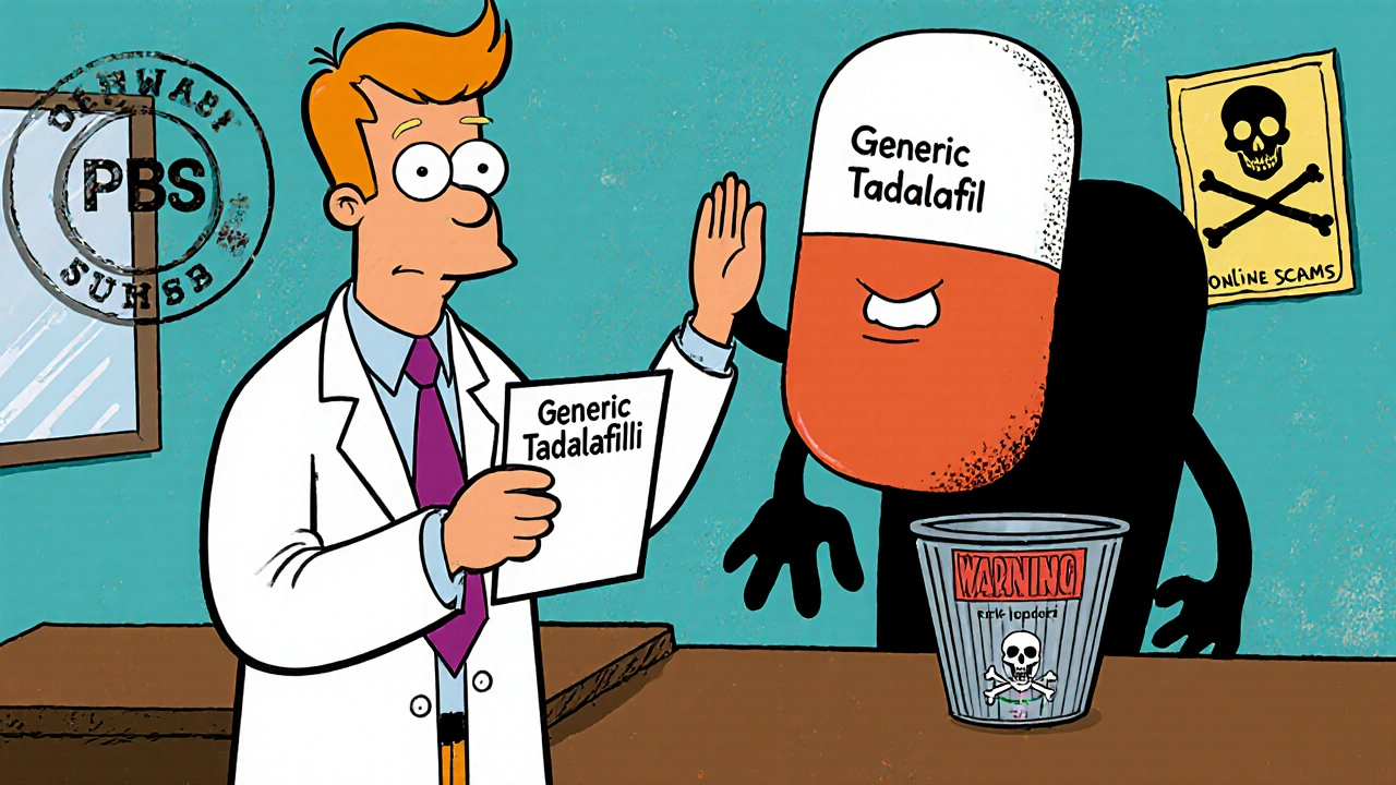 Doctor high-fiving a generic pill monster while counterfeit pills hide in shadows