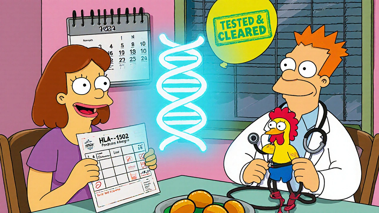 Family reviewing old allergy label as DNA hologram shows gene test, doctor with rubber chicken stethoscope