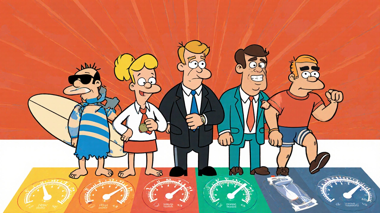 Four cartoon pills with personalities comparing speed and duration in vibrant style