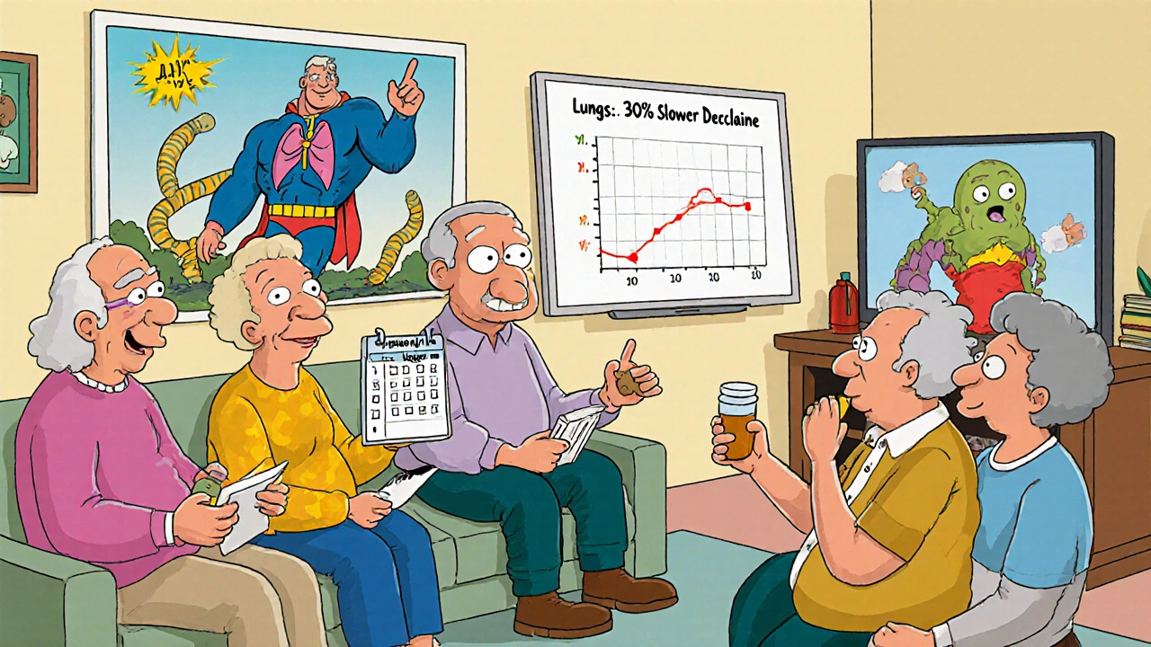 Group of seniors sharing experiences about pirfenidone in a living room, with a chart showing slowed disease progression.