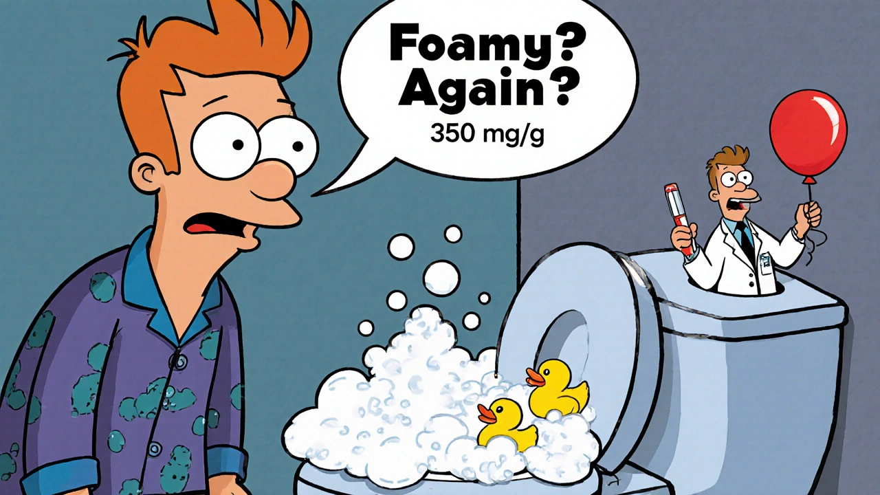 Man shocked at foamy toilet urine, doctor popping out with test strip and UACR number.