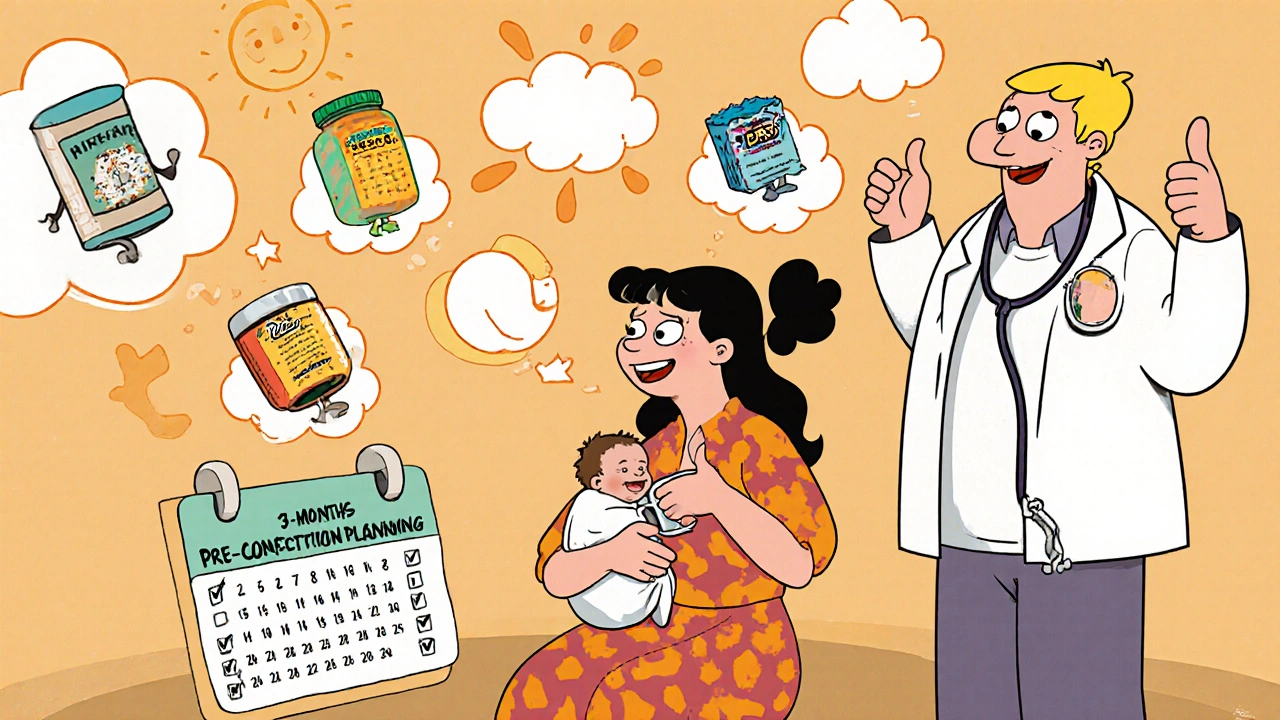 Mother breastfeeding with friendly medication clouds, cartoon family