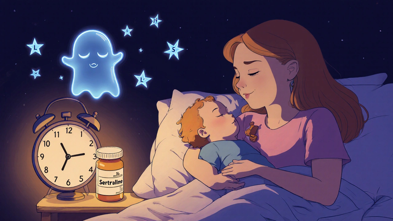 Mother taking medication at night while baby sleeps peacefully, safety levels glowing softly