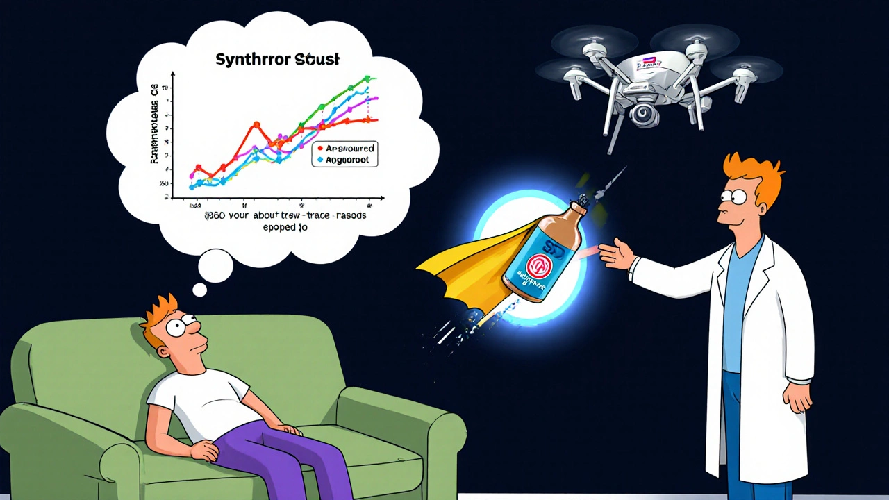 Patient&#039;s unstable lab graph floats above them as Synthroid pill flies to fast-track approval portal