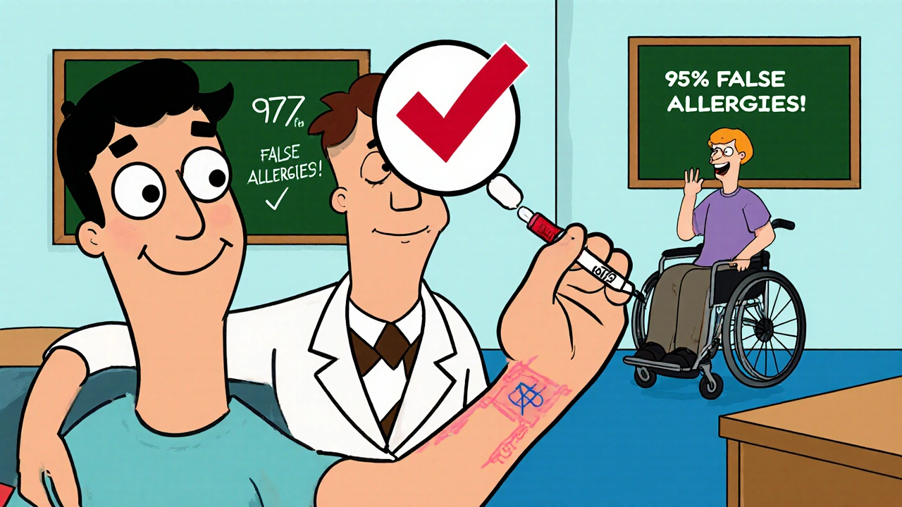 Patient getting penicillin skin test with smiling result and false allergy chalkboard
