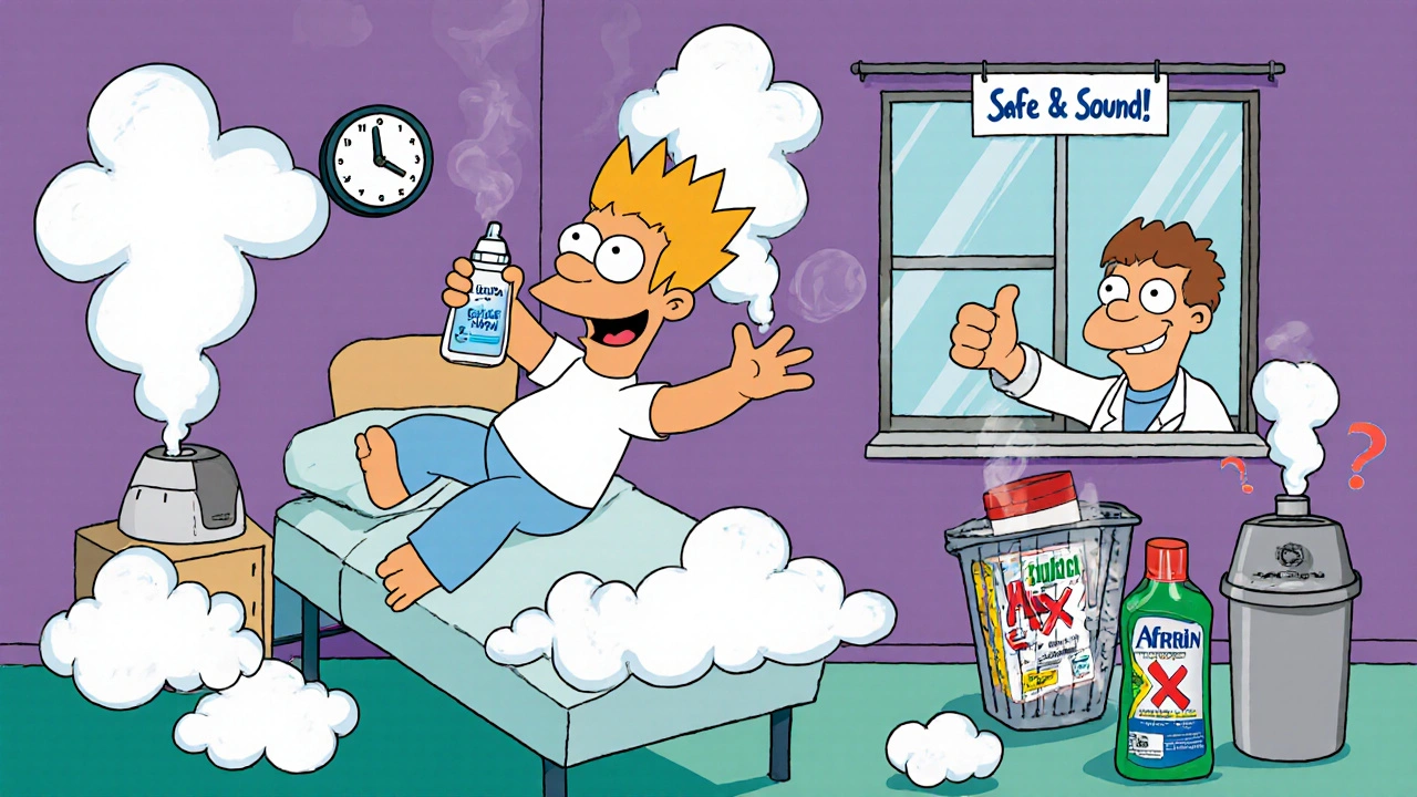 Patient safely using saline spray with steam and humidifier, decongestants discarded