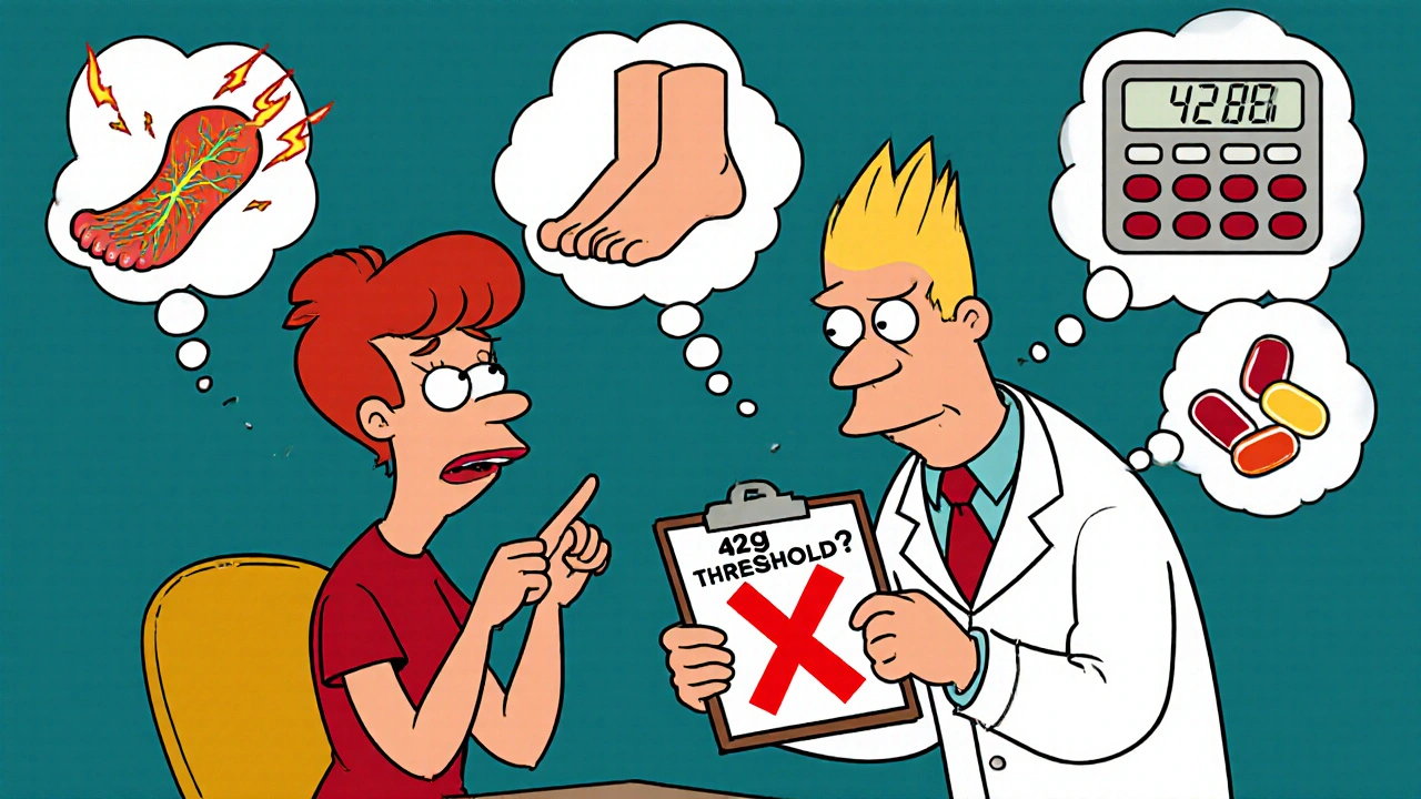 Patient showing numb hands and feet to a confused doctor, with visual symbols of nerve damage and pill count.