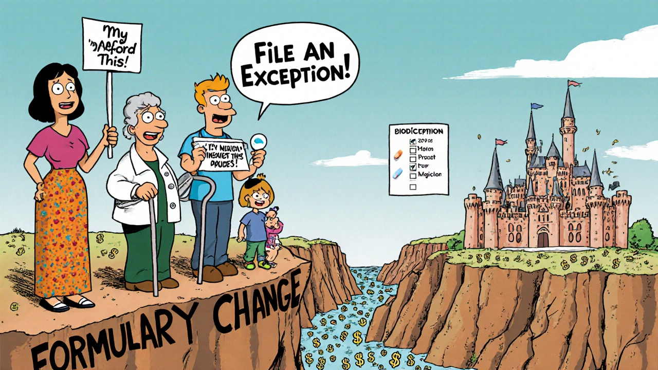 Patients on a cliff facing formulary changes, with a canyon of savings below and a castle labeled &#039;2026 Medicare Drugs&#039; in the distance.