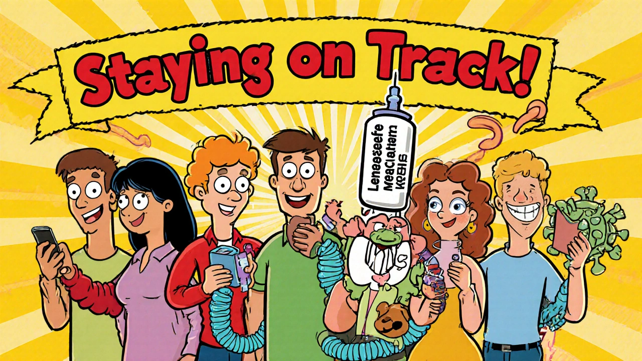 People using pill organizers and apps to take meds, with a virus trapped in a long-acting injection, in Hanna-Barbera style.