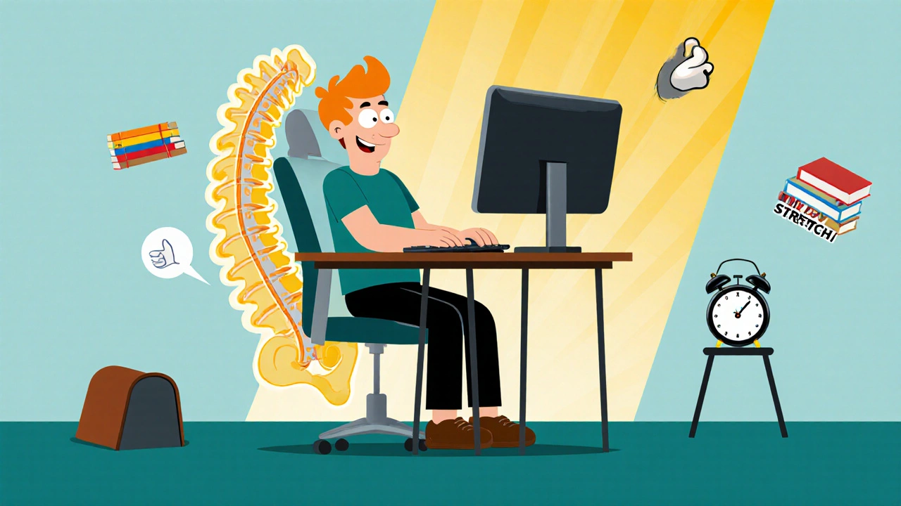 Person with perfect ergonomic posture, monitor at eye level, vertical mouse nearby, spine smiling beside them.