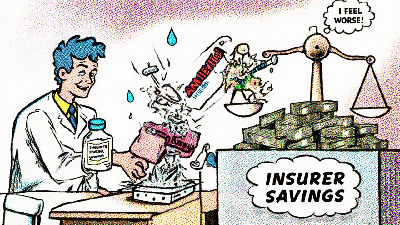 Pharmacist gives patient a new biosimilar drug as the old brand-name bottle gets shredded in a cost-saving machine.