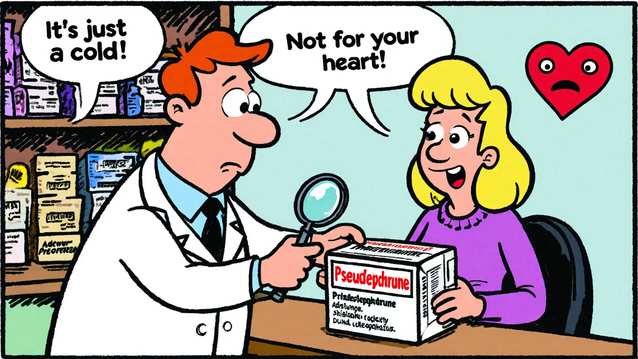 Pharmacist stopping customer from buying cold medicine with warning label