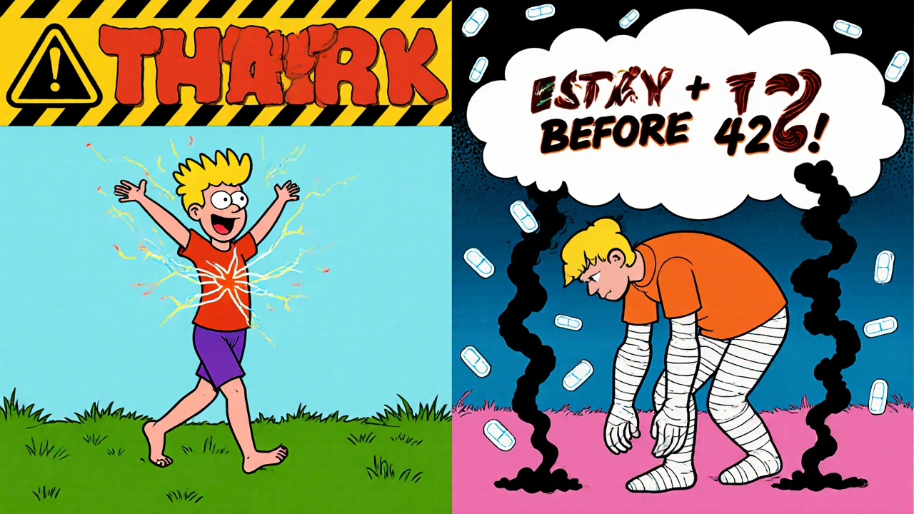 Split image: healthy person vs. same person suffering nerve damage from prolonged metronidazole use.