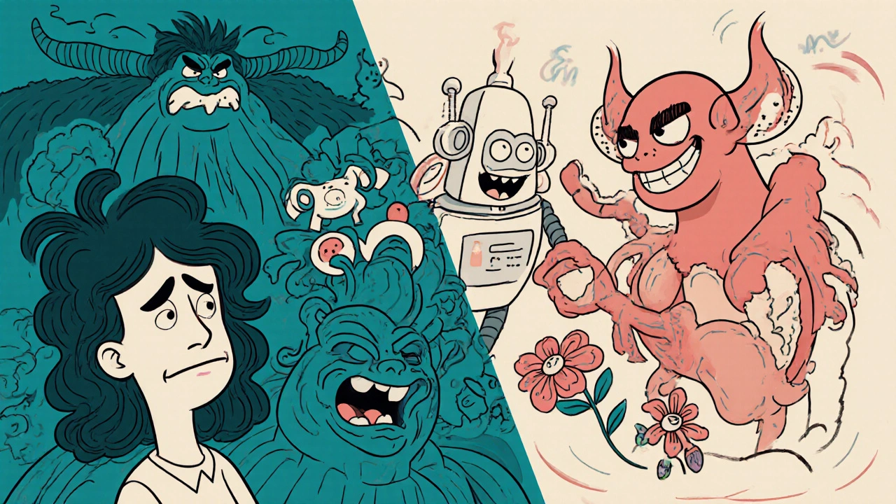 Split scene: chaotic hormone monsters on left, calm woman with metformin robot shrinking them on right