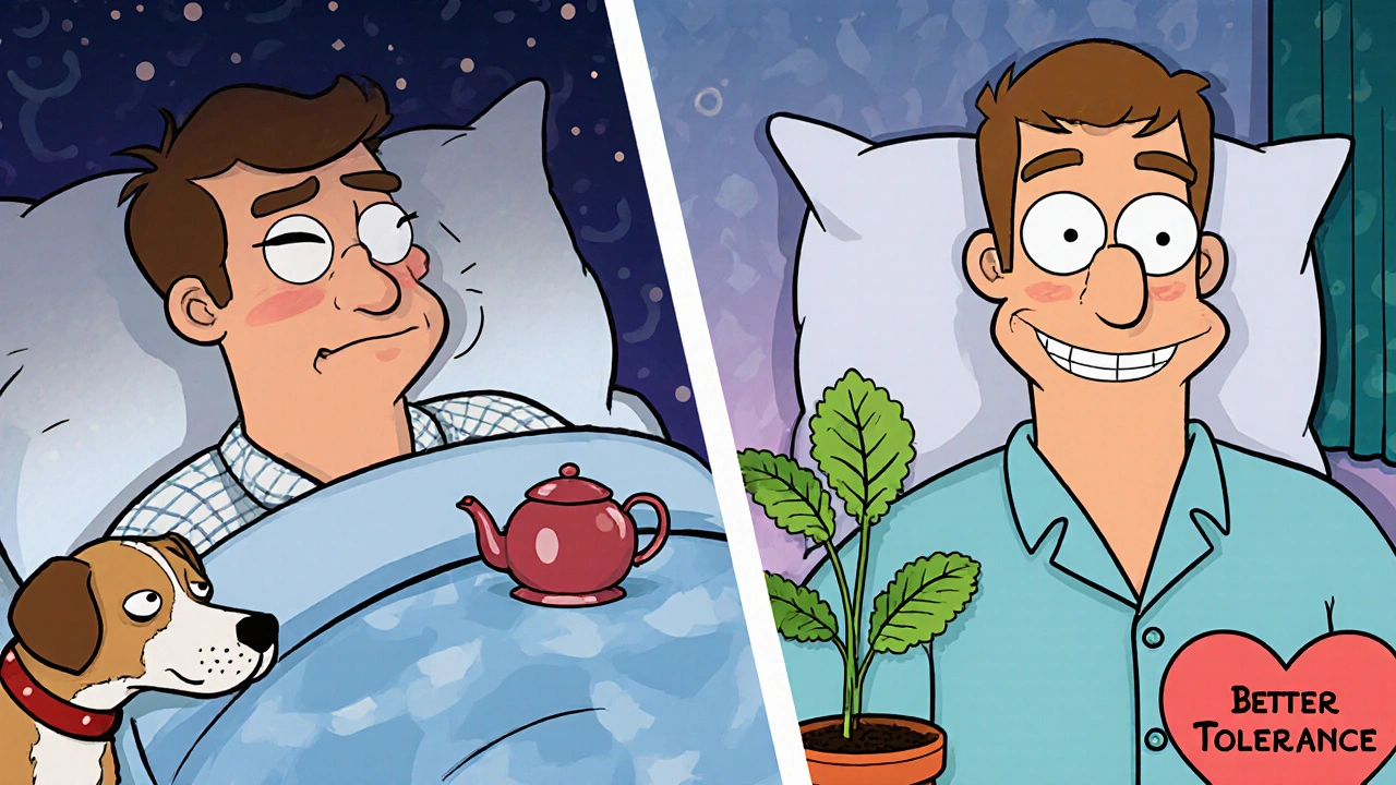 Split scene: one side shows sedation and side effects from amitriptyline, the other shows improved well-being with nortriptyline.