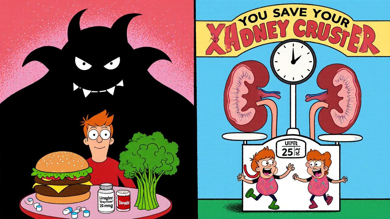 Split scene: unhealthy habits vs. healthy choices with kidneys celebrating reduced protein levels.