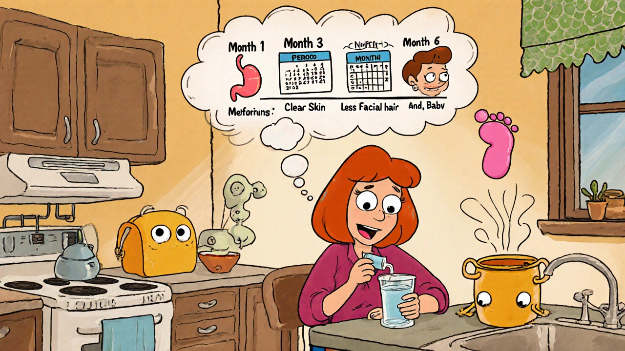 Woman taking metformin with a thought bubble showing timeline of health improvements over months