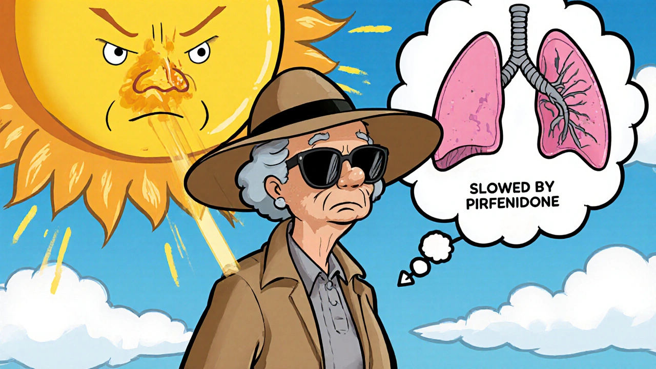 Woman walking outside wearing sun protection, with a cartoon sun trying to burn her while her lungs show slowed scarring.