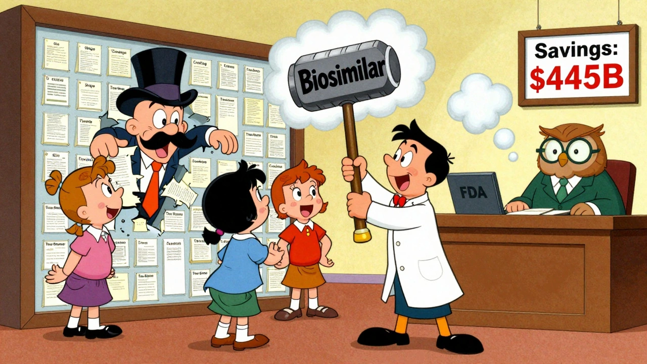 A cartoon Big Pharma executive hides behind patent thickets as a pharmacist smashes them with a biosimilar hammer.