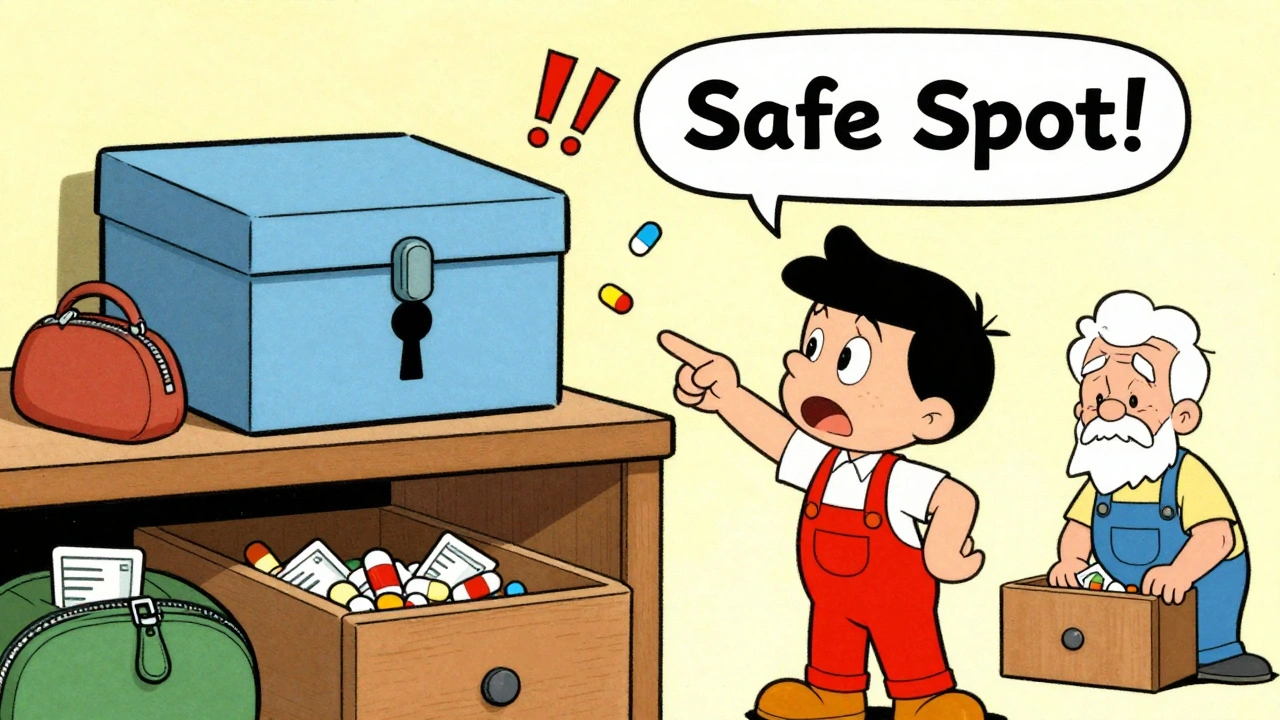 A child pointing to a locked medicine box while grandparents mishandle pills in cartoon style.