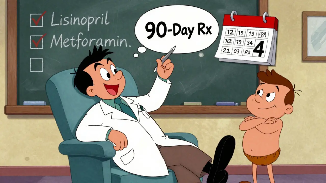 A doctor writes '90-Day Rx' in the air as a patient smiles, with a calendar showing fewer pharmacy visits in Hanna-Barbera cartoon style.