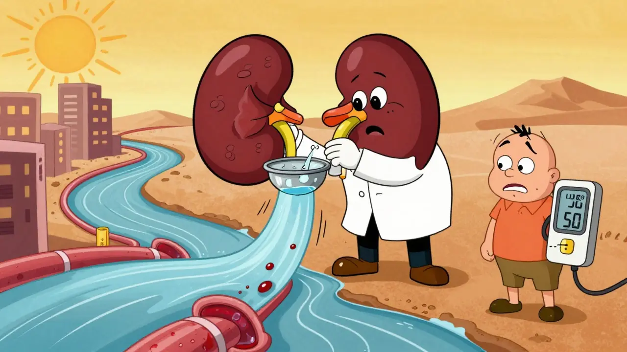 A friendly kidney filtering glucose and water, patient losing weight and low blood pressure shown.