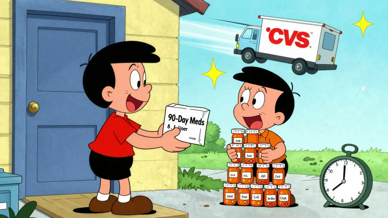 A person receives a 90-day medication package at home, while their past self struggles with 12 tiny bottles, in classic cartoon style.