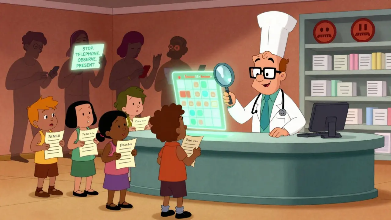 A pharmacist guides people to safety using the STOP protocol, while others ignore warning signs.