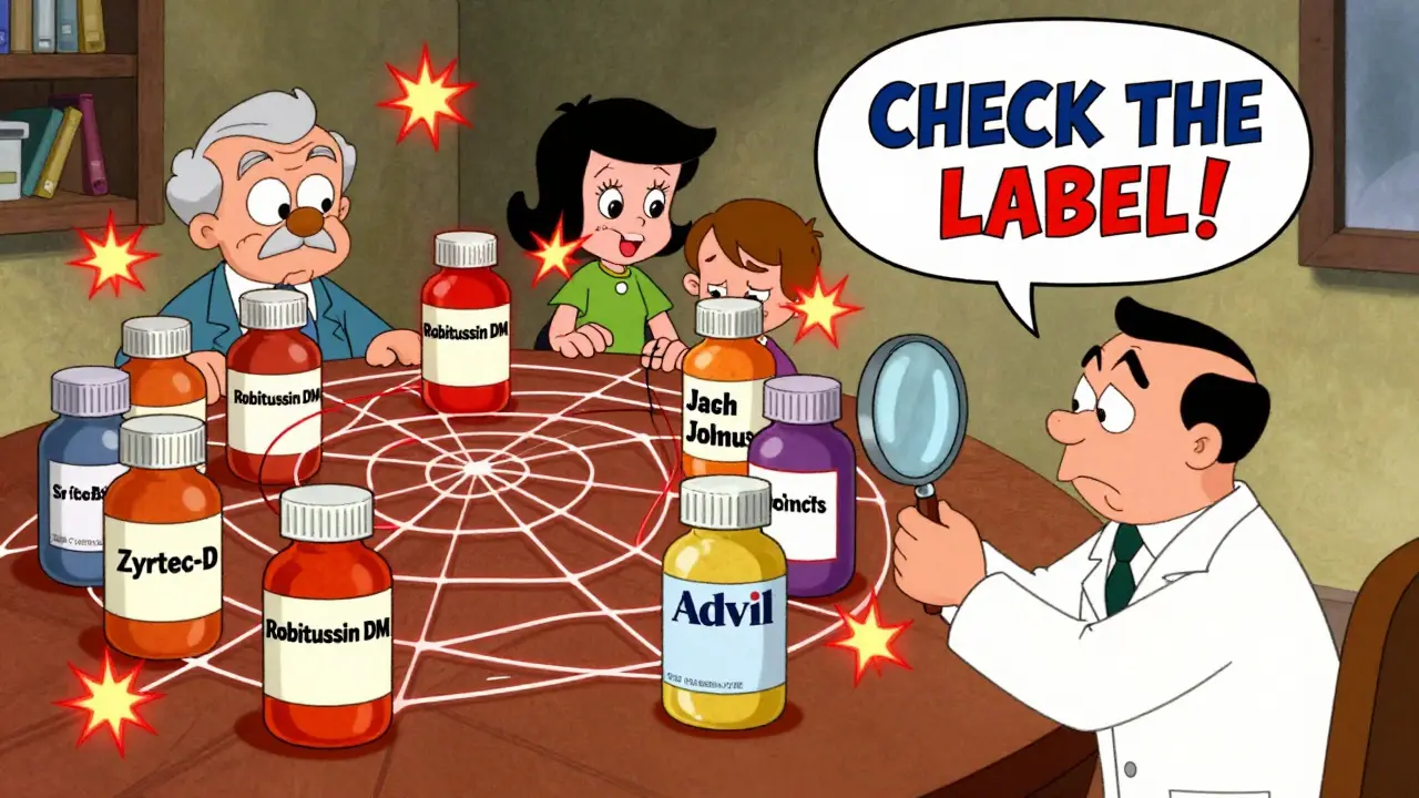 A pharmacist using a magnifying glass to untangle a web of interacting cold and allergy medications.