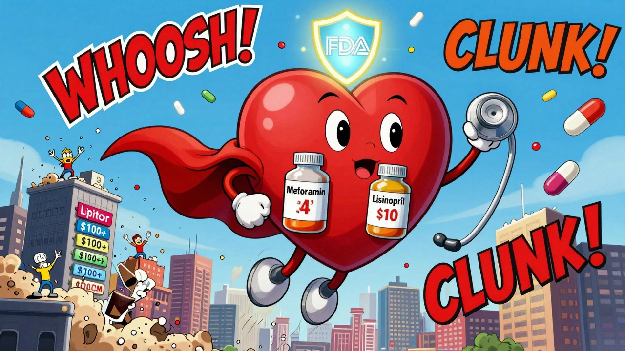 A superhero heart made of generic pills flies over a city as expensive brand-name drug towers collapse.