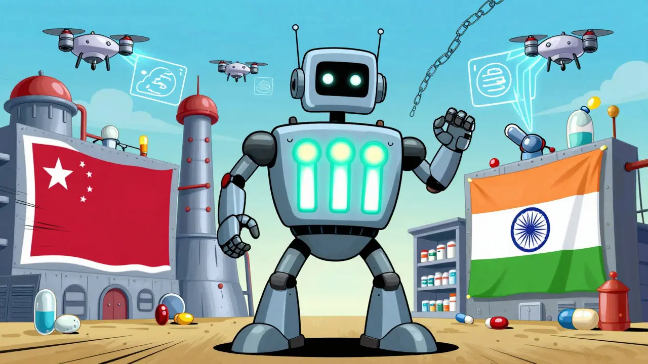 A superhero robot with three pillars defends pharmaceutical supply chains using AI and blockchain tech.