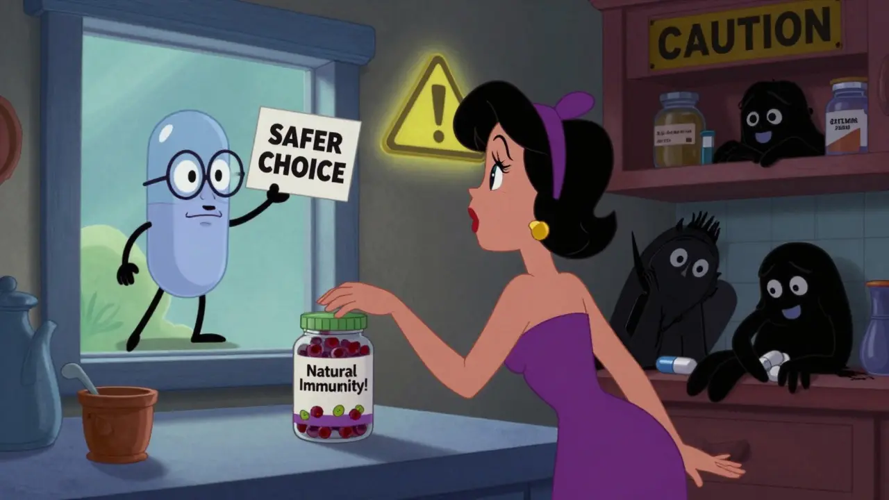 A woman reaching for elderberry gummies while a vitamin D capsule offers a safer alternative in a colorful kitchen.