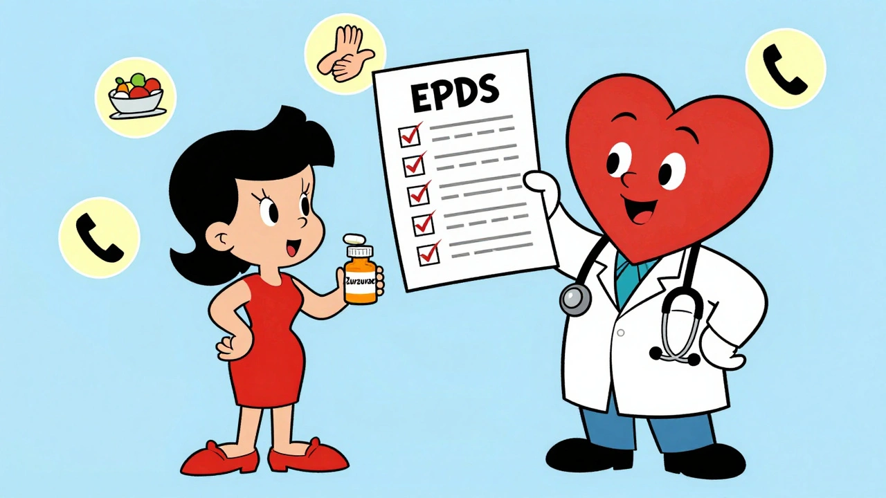 A woman taking a pill with a supportive doctor and icons of care nearby.