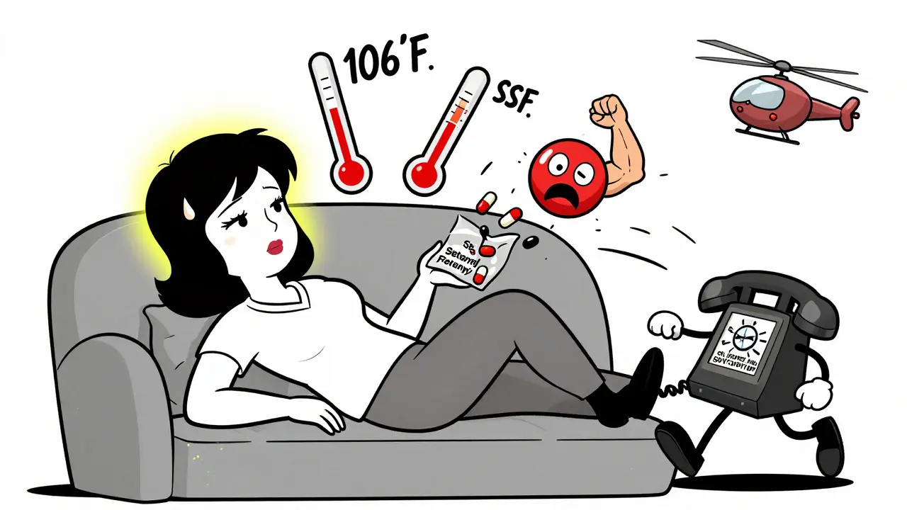A woman with high fever is surrounded by warning icons of serotonin syndrome, while a running phone calls for help.