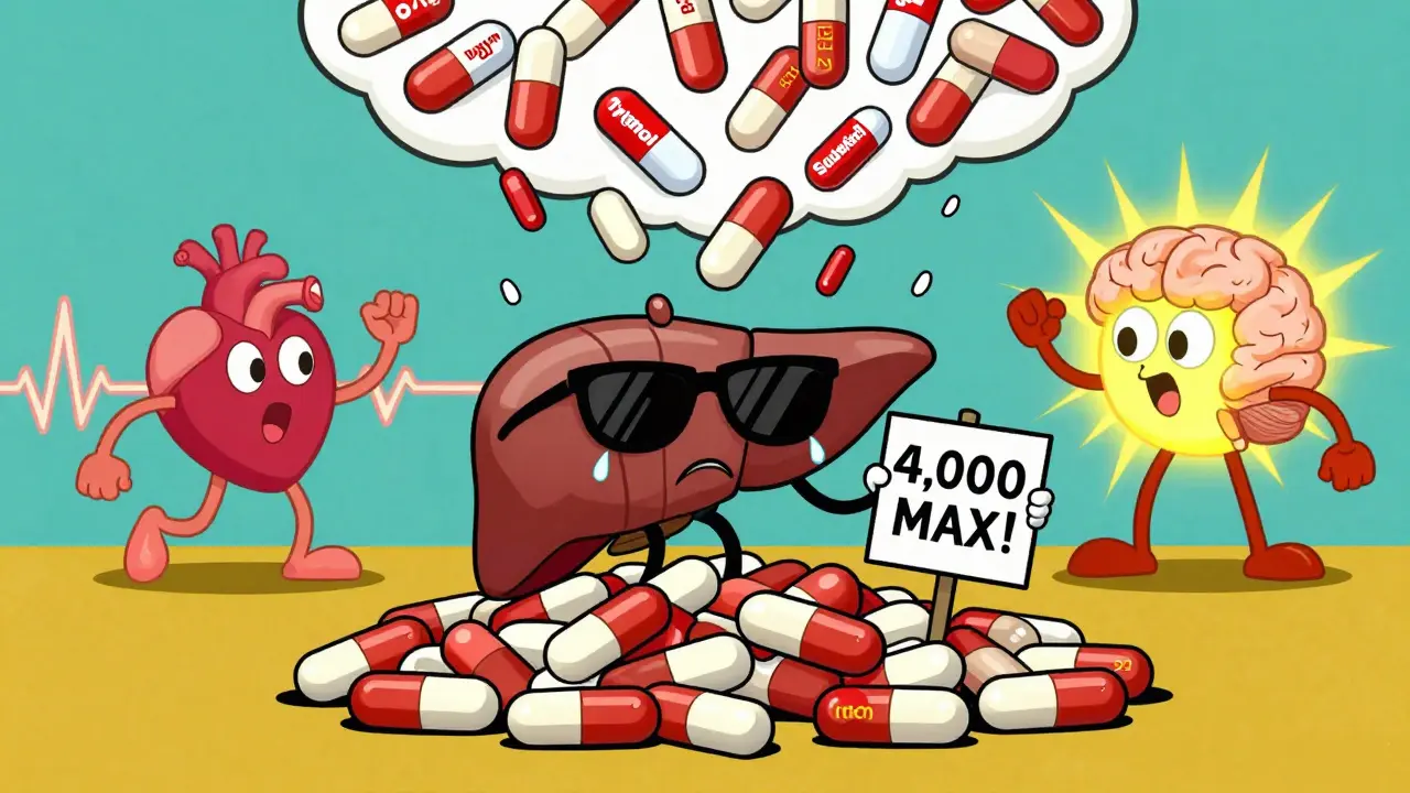A worried cartoon liver under a pile of pills labeled with pain relievers and cold meds.