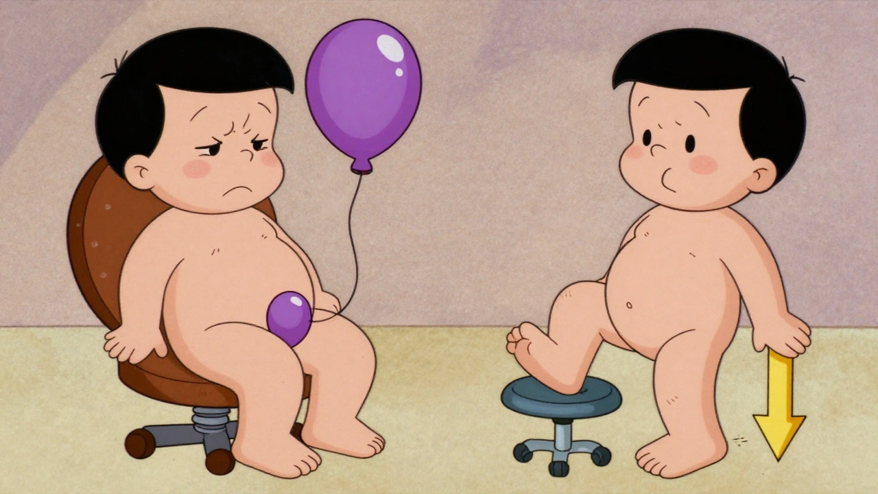 Cartoon comparison of sitting with and without footstool for hemorrhoid relief