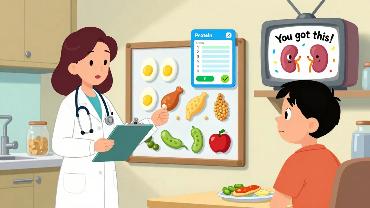 Dietitian helping patient build a meal plan with magnetic food pieces in a kitchen.