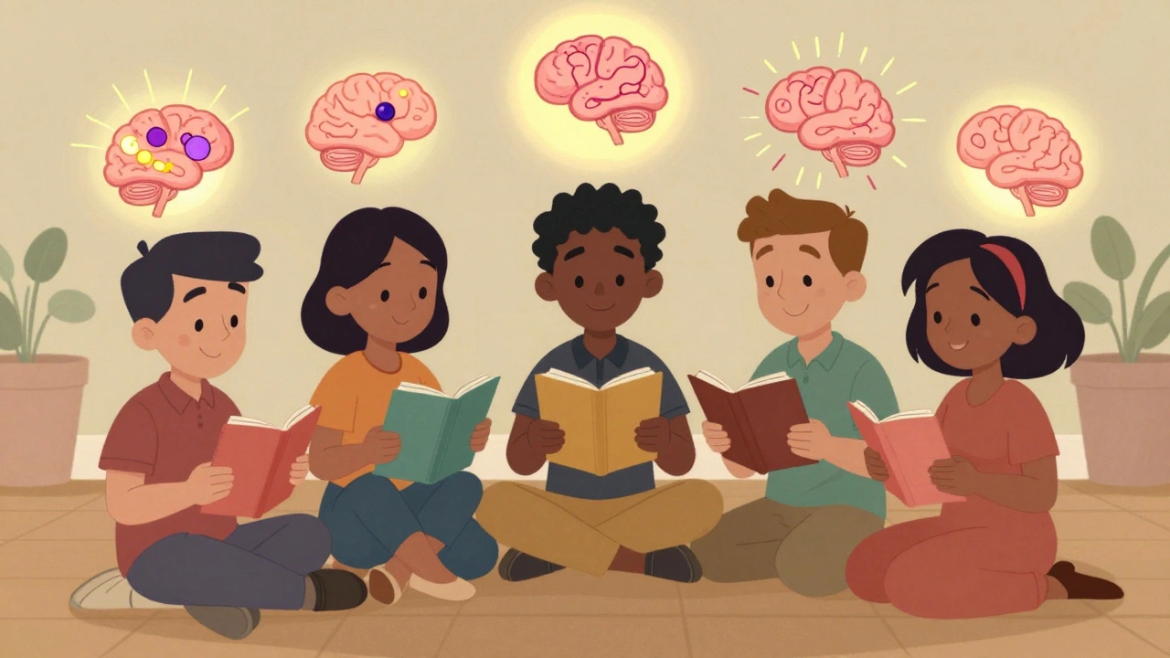 Diverse new parents in a circle with animated brain and gut health symbols.