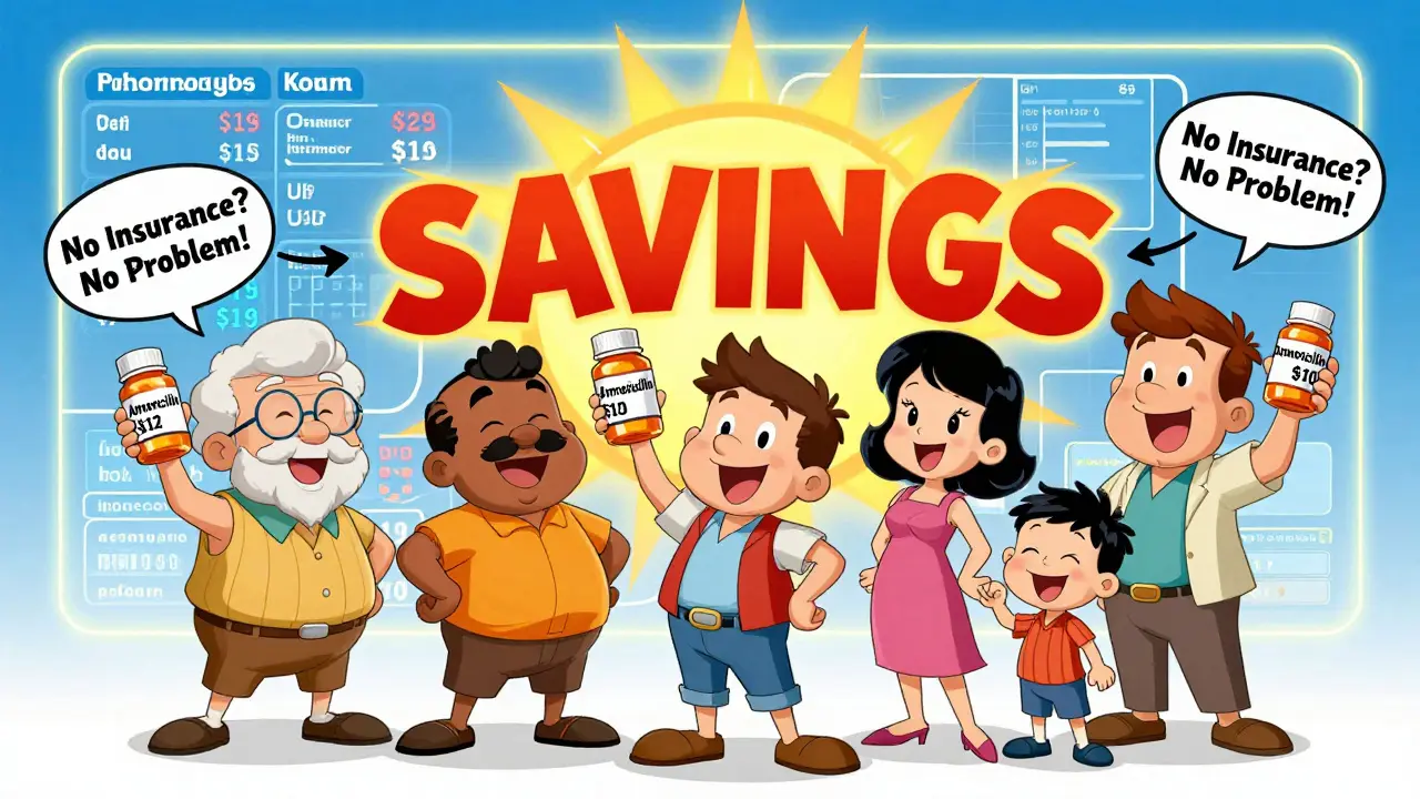 Diverse people holding low-cost meds, connected by arrows to a map showing affordable pharmacy locations.