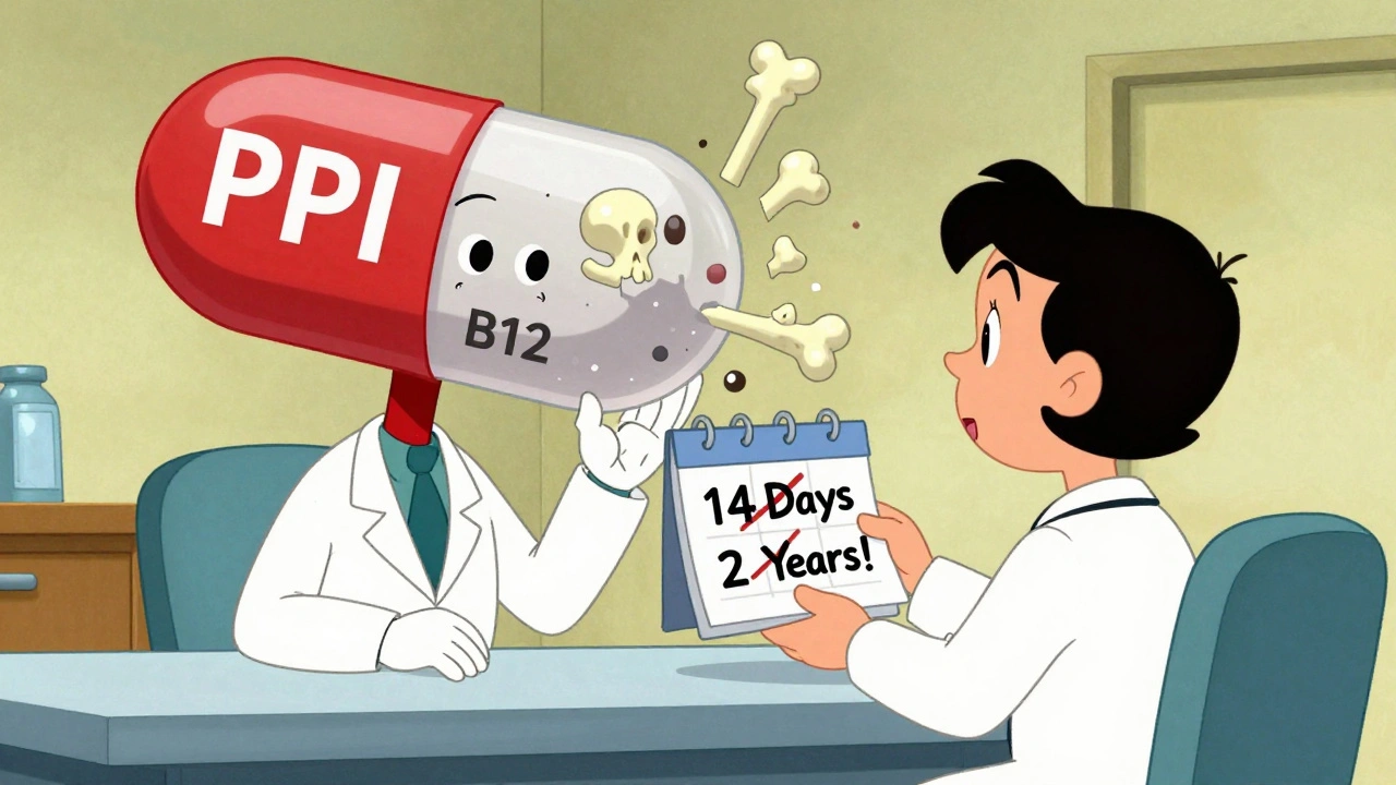 Doctor and patient at clinic, with a pill turning into a skeleton and shrinking vitamin.