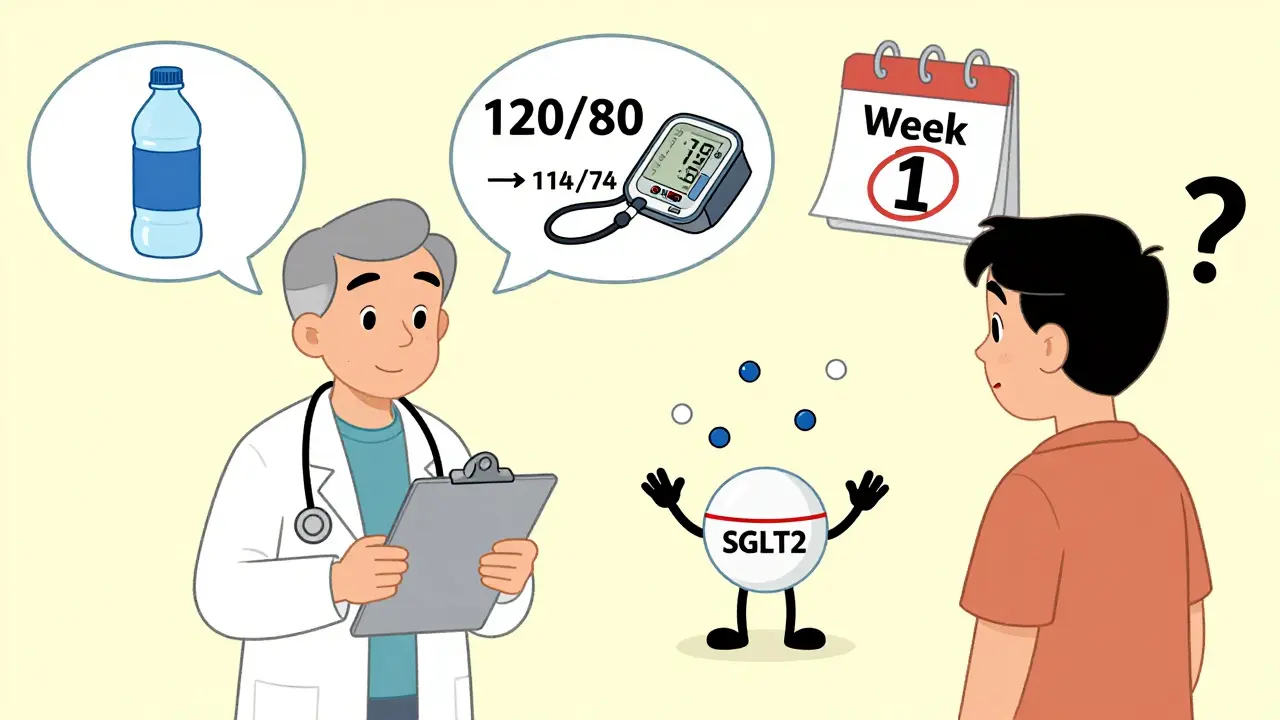 Doctor and patient with thought bubbles showing hydration, blood pressure drop, and first week of medication.