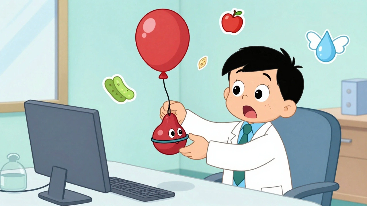 Doctor applying rubber band to cartoon hemorrhoid with healthy foods floating nearby
