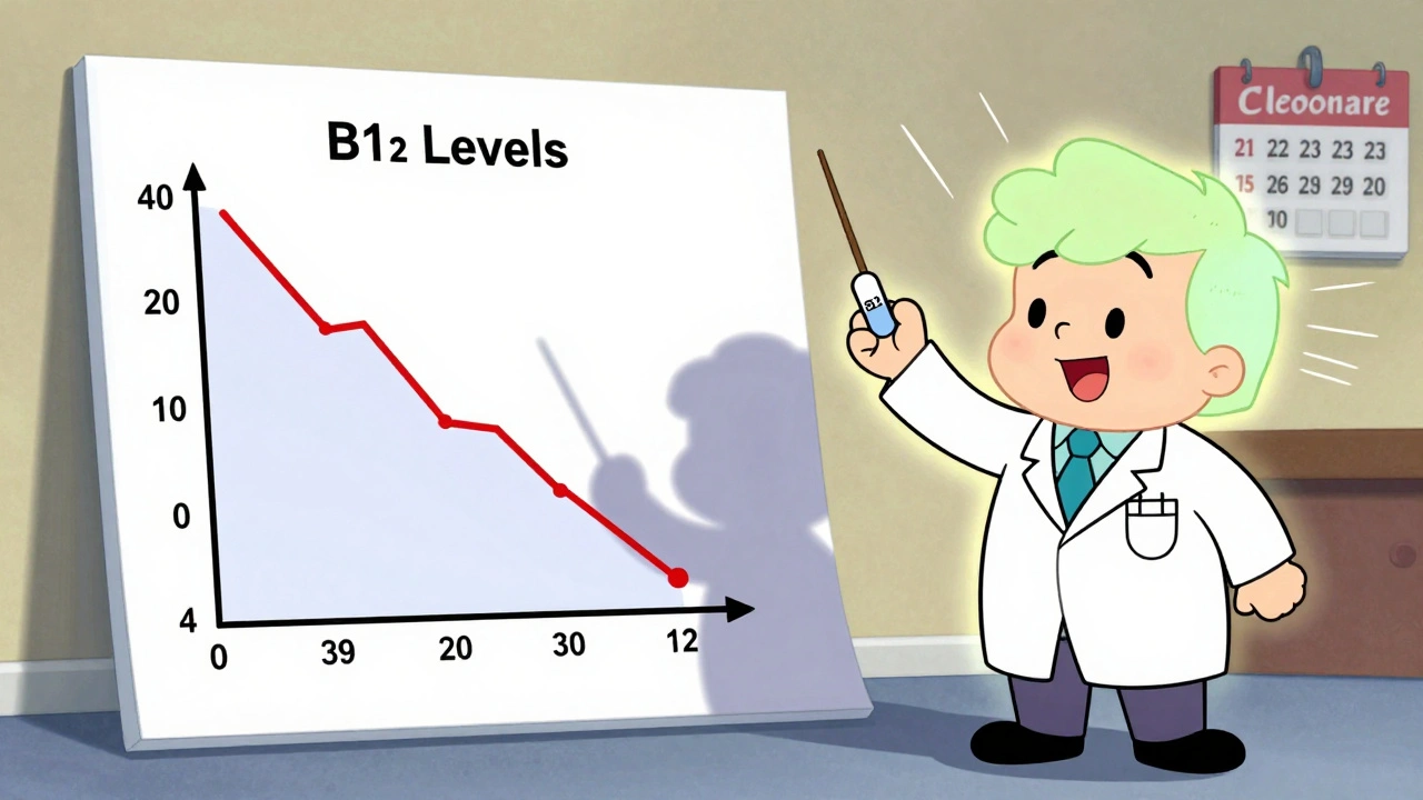 Doctor holding B12 supplement as levels rise on a chart, patient glowing with energy.