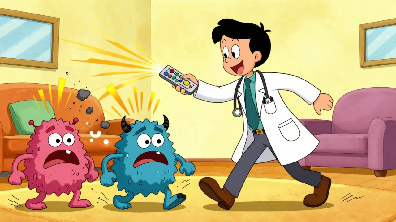 Doctor uses remote to defeat pain monsters as patient walks confidently past them.