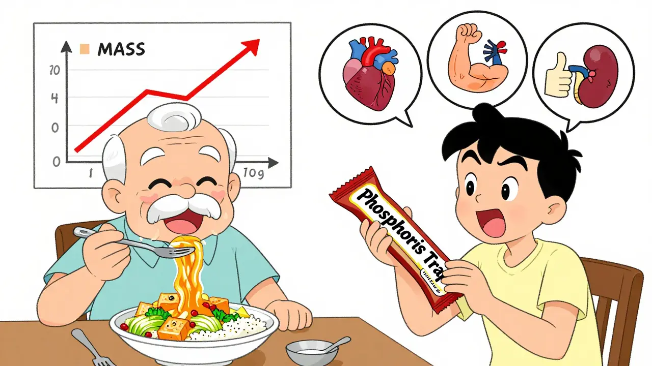 Elderly man eating kidney-friendly tofu meal while younger man struggles with protein bar.